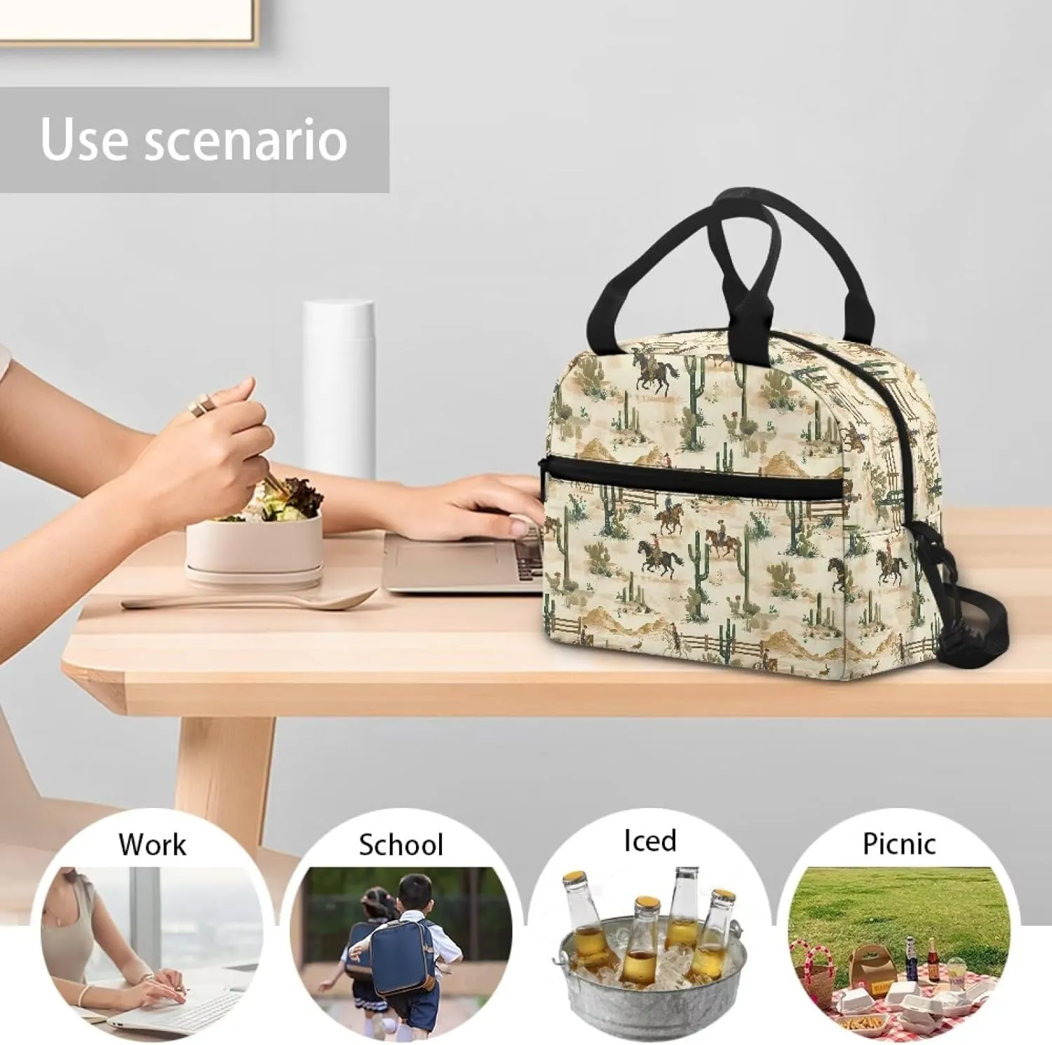Western Girls Lunch Box Cowboy Lunch Bag Horse Insulated Lunch Bag with Shoulder Straps Cactus Lunch Container Back to School Lunchbox