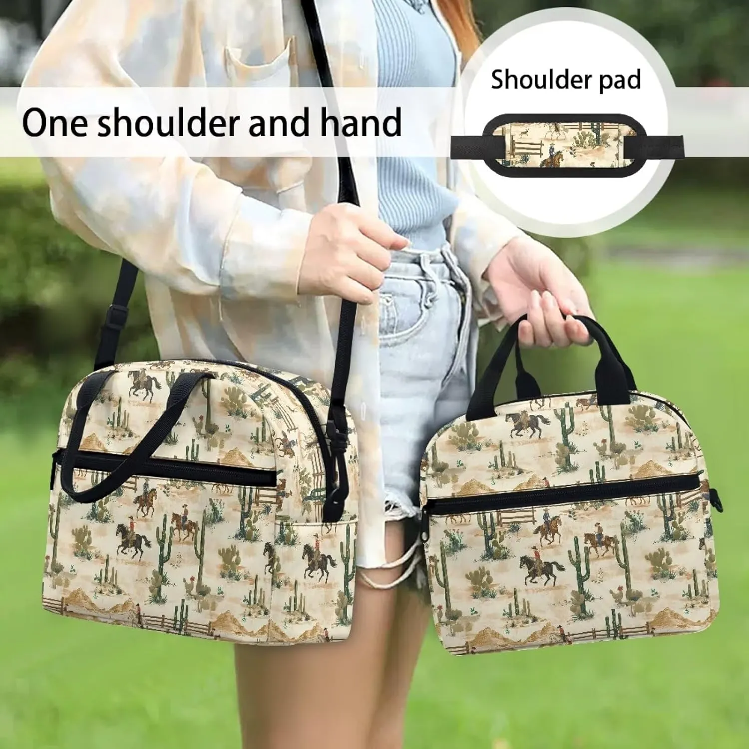Western Girls Lunch Box Cowboy Lunch Bag Horse Insulated Lunch Bag with Shoulder Straps Cactus Lunch Container Back to School Lunchbox