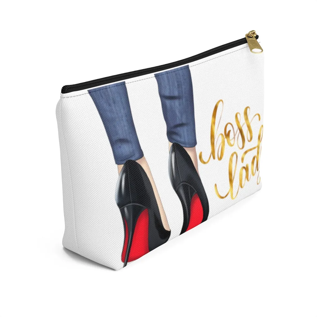 White & Gold Boss Lady  Makeup & Accessory Pouch w T-bottom