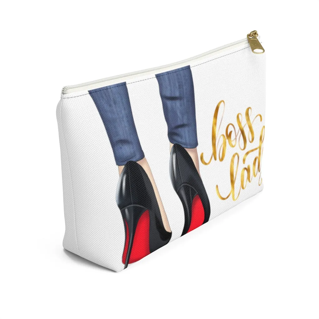 White & Gold Boss Lady  Makeup & Accessory Pouch w T-bottom