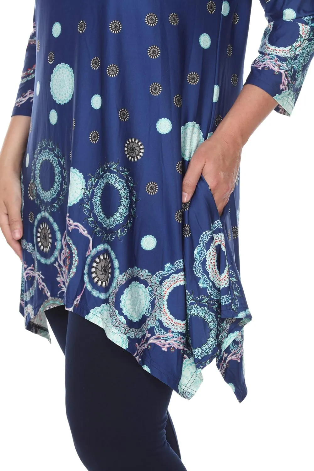 white mark Women's Plus Size Erie Handkerchief Hem Tunic Top with Pockets in Paisley Print