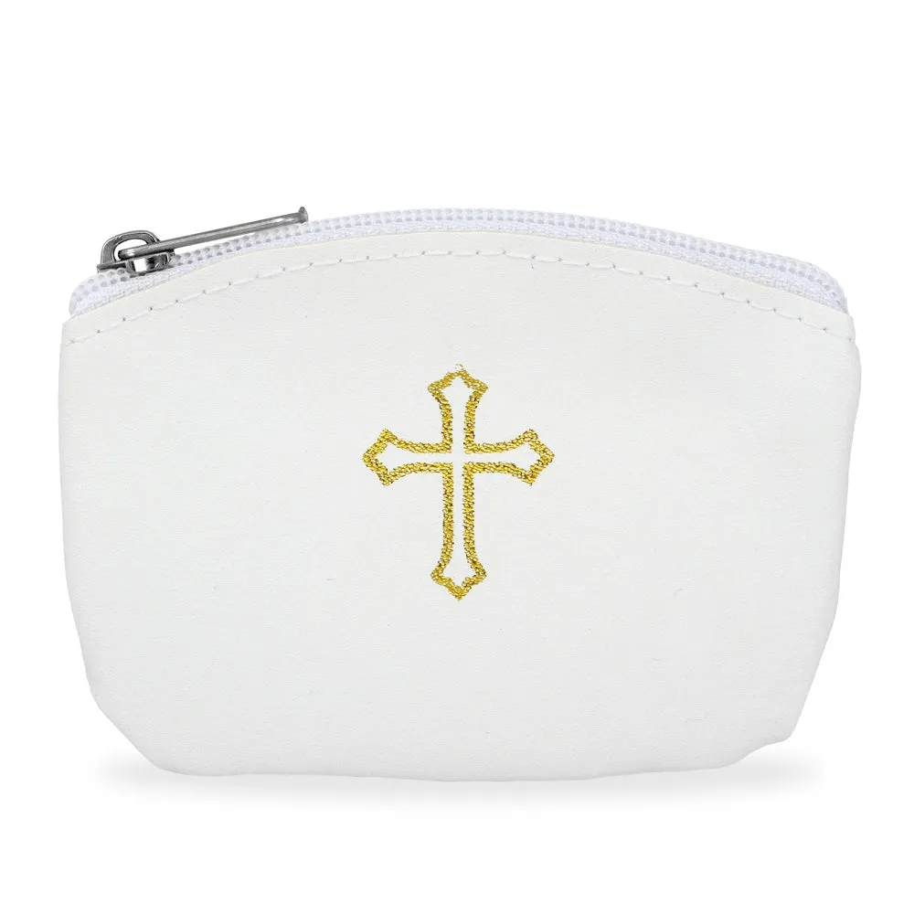 White  Rosary Case with Zipper and Gold Cross Imprint