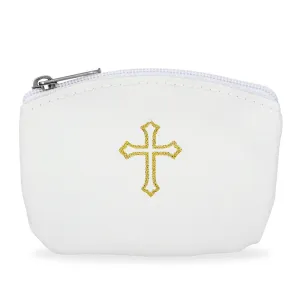 White  Rosary Case with Zipper and Gold Cross Imprint