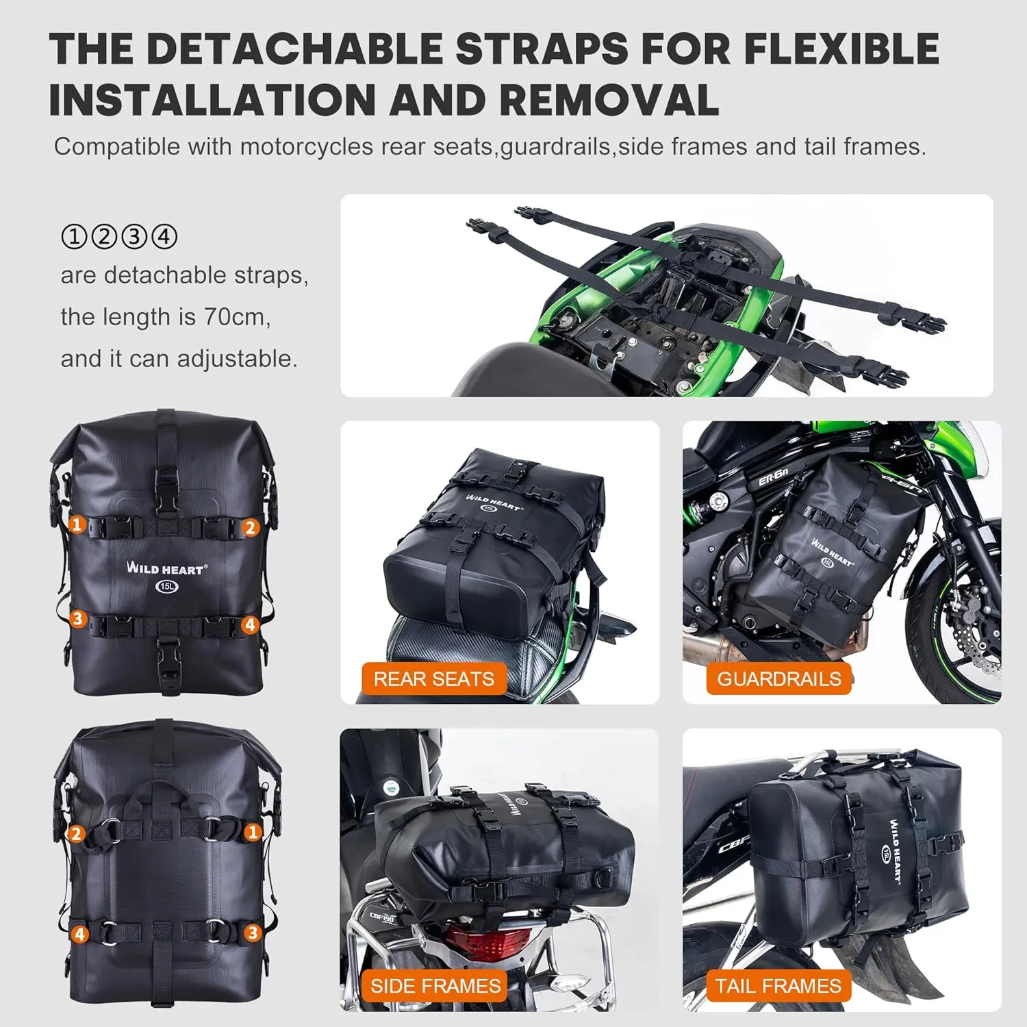 WILD HEART Waterproof Crash Bar Bags 6L/8L/15L Motorcycle Bag used as Motorcycle Luggage Sissy Bar Back Seat Saddle Rack Rear Fender Pouch Dirt Bike Gear Side Tool Bag Pack for moto ATV