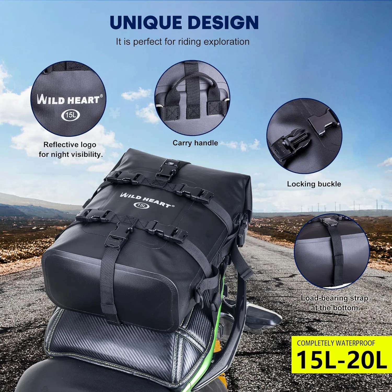 WILD HEART Waterproof Crash Bar Bags 6L/8L/15L Motorcycle Bag used as Motorcycle Luggage Sissy Bar Back Seat Saddle Rack Rear Fender Pouch Dirt Bike Gear Side Tool Bag Pack for moto ATV