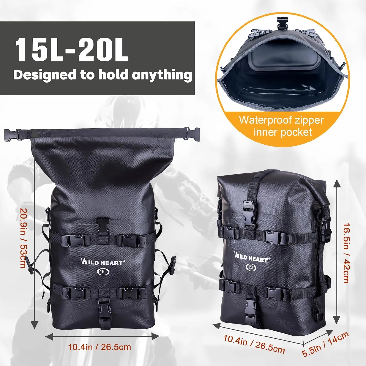 WILD HEART Waterproof Crash Bar Bags 6L/8L/15L Motorcycle Bag used as Motorcycle Luggage Sissy Bar Back Seat Saddle Rack Rear Fender Pouch Dirt Bike Gear Side Tool Bag Pack for moto ATV