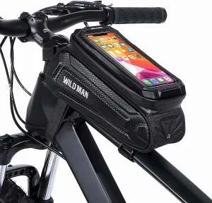 WILD MAN 1L Waterproof Bicycle Front Frame Bike Bag Top Tube Mount Bike Phone Holder with Touch Screen for Mountain Road Bike Cycling