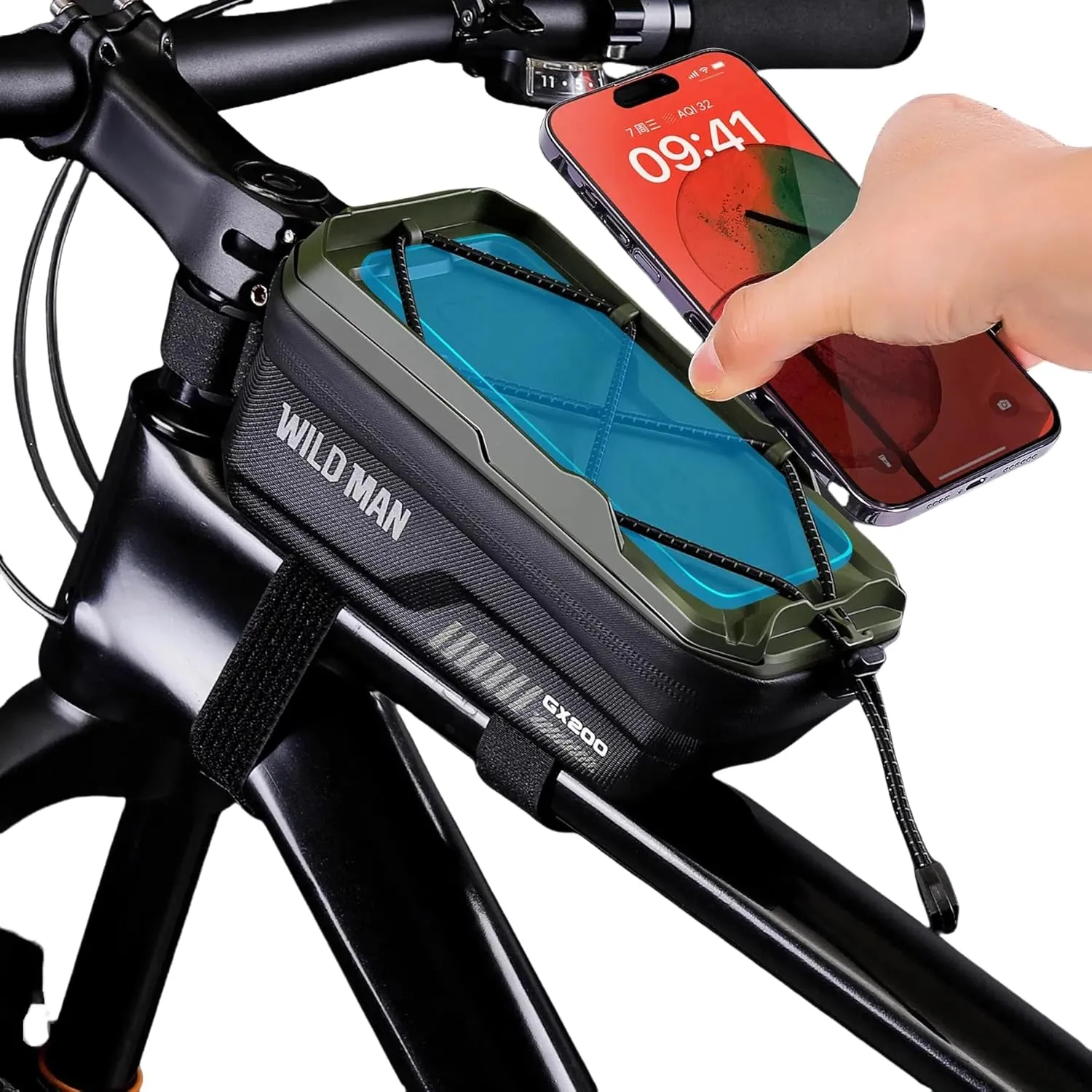 WILD MAN Bicycle Front Frame Bag Bike Bags for Cycling Waterproof Tube Bag Phone Holder Mount Cycling Pouch Compatible with Phones Under 6.8”(GX200,Black)