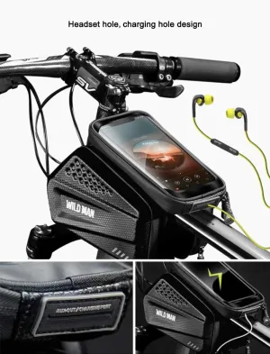 WILD MAN Rainproof Top Tube Frame Bike Bag with Touch Screen Phone Mount for Bicycle Cycling（Black,ES6