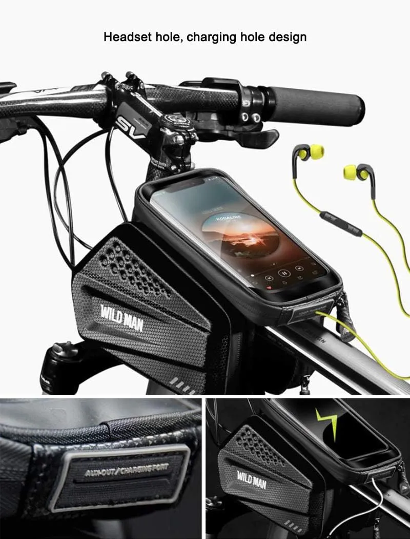 WILD MAN Rainproof Top Tube Frame Bike Bag with Touch Screen Phone Mount for Bicycle Cycling（Black,ES6