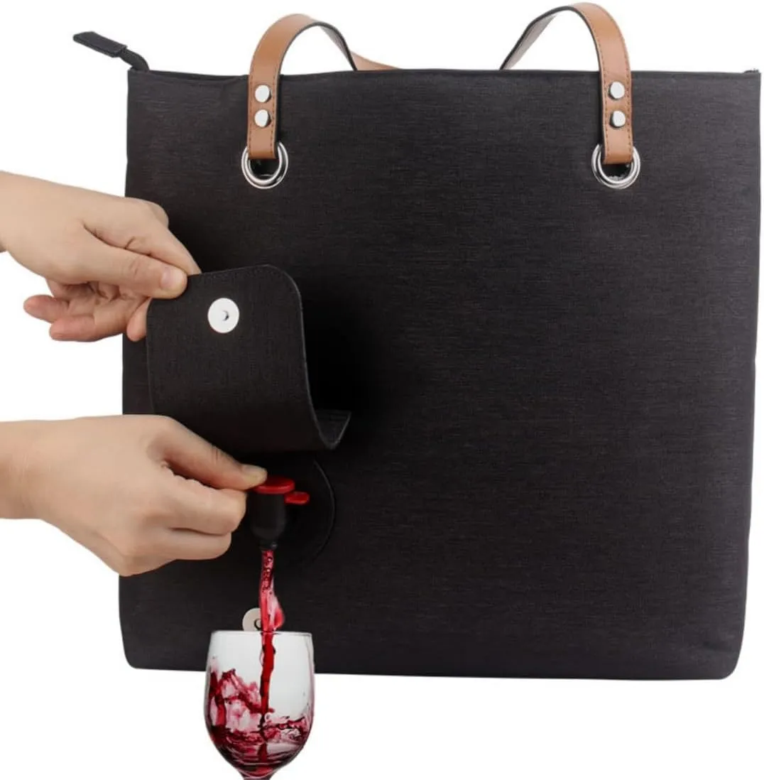 Wine Tote With Drink Dispenser, Leakproof & Insulated & Padded Versatile Cooler Bag for Travel, Beach, Travel, Picnic, Camping, Gift for Wine Lovers (Black)
