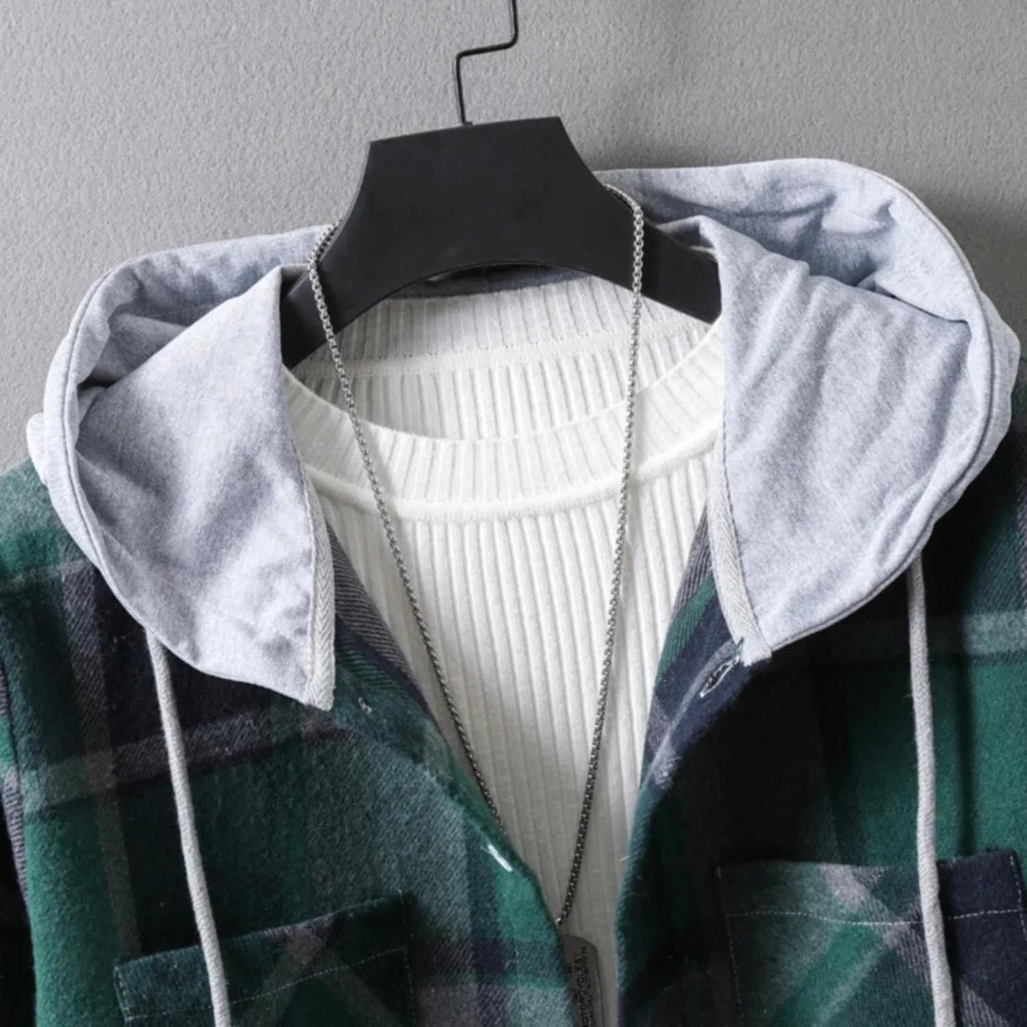 Winter Coat Men Plaid Lapel Button Long Sleeve Shirt Tops Men's Cardigan Coat with Zipper Shirt Plaid Cotton