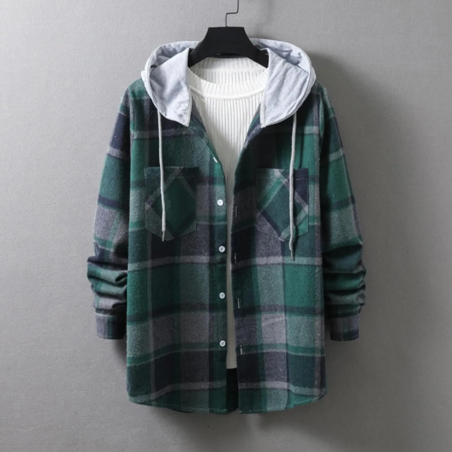 Winter Coat Men Plaid Lapel Button Long Sleeve Shirt Tops Men's Cardigan Coat with Zipper Shirt Plaid Cotton