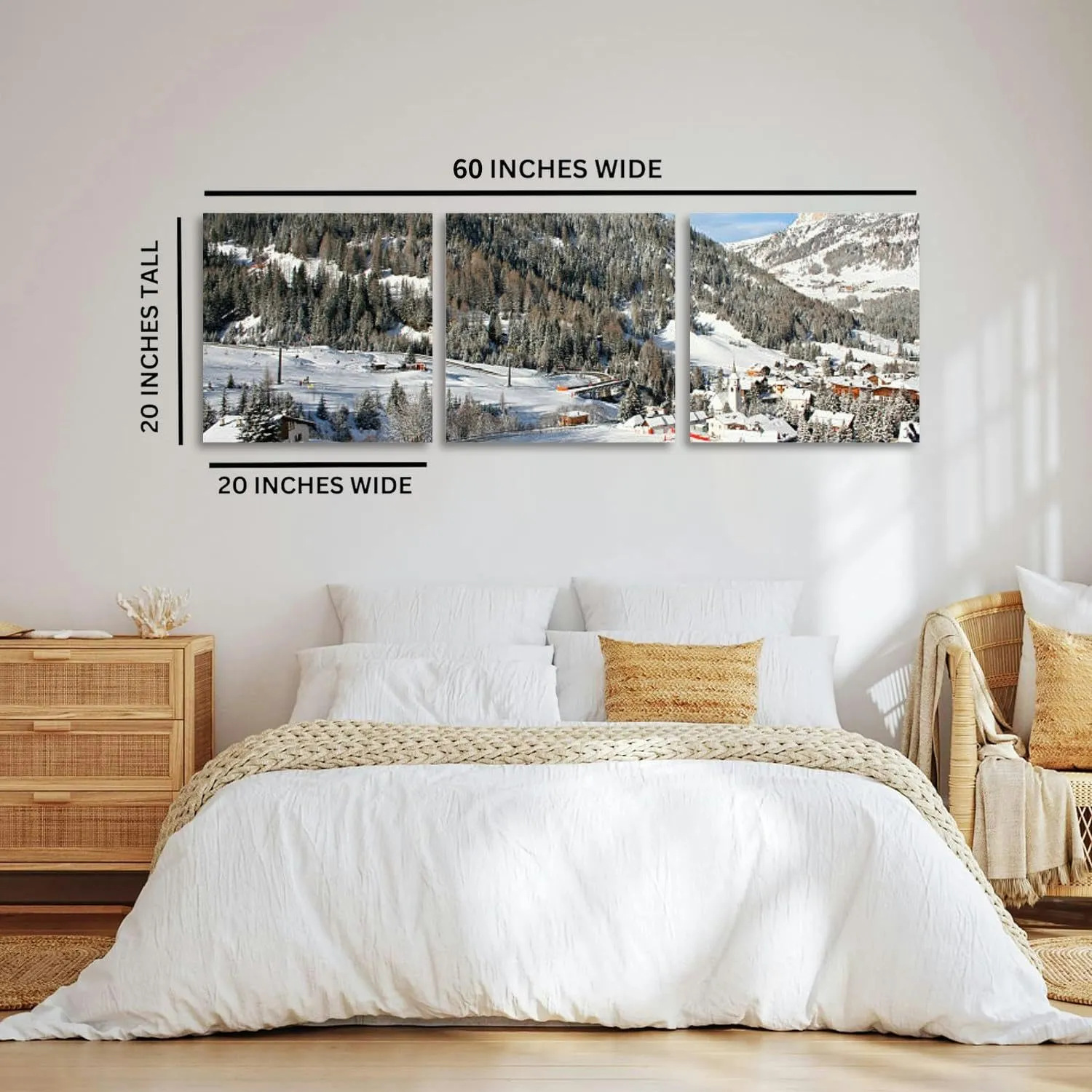 Winter Landscape Dolomites Ski Tracks and Alpine Village 3 Piece Canvas Wall Art for Living Room Bedroom Office Framed Prints Pictures Painting Wall Decor Artwork for Walls Set of 3