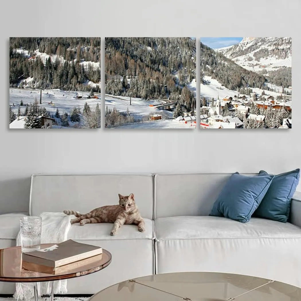 Winter Landscape Dolomites Ski Tracks and Alpine Village 3 Piece Canvas Wall Art for Living Room Bedroom Office Framed Prints Pictures Painting Wall Decor Artwork for Walls Set of 3