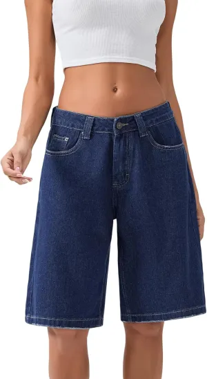Women Long Baggy Jean Shorts Y2k Vintage Straight Leg Casual Knee Length Denim Bermuda Shorts Jorts with Pockets