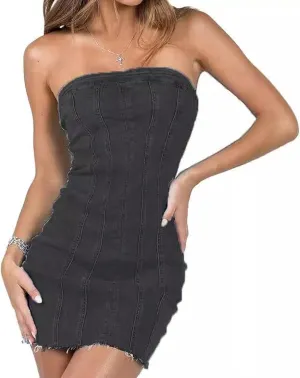 Women Sexy Strapless Tube Mini Dress 3D Print Denim Jeans Off Shoulder Bandeau Bodycon Dresses