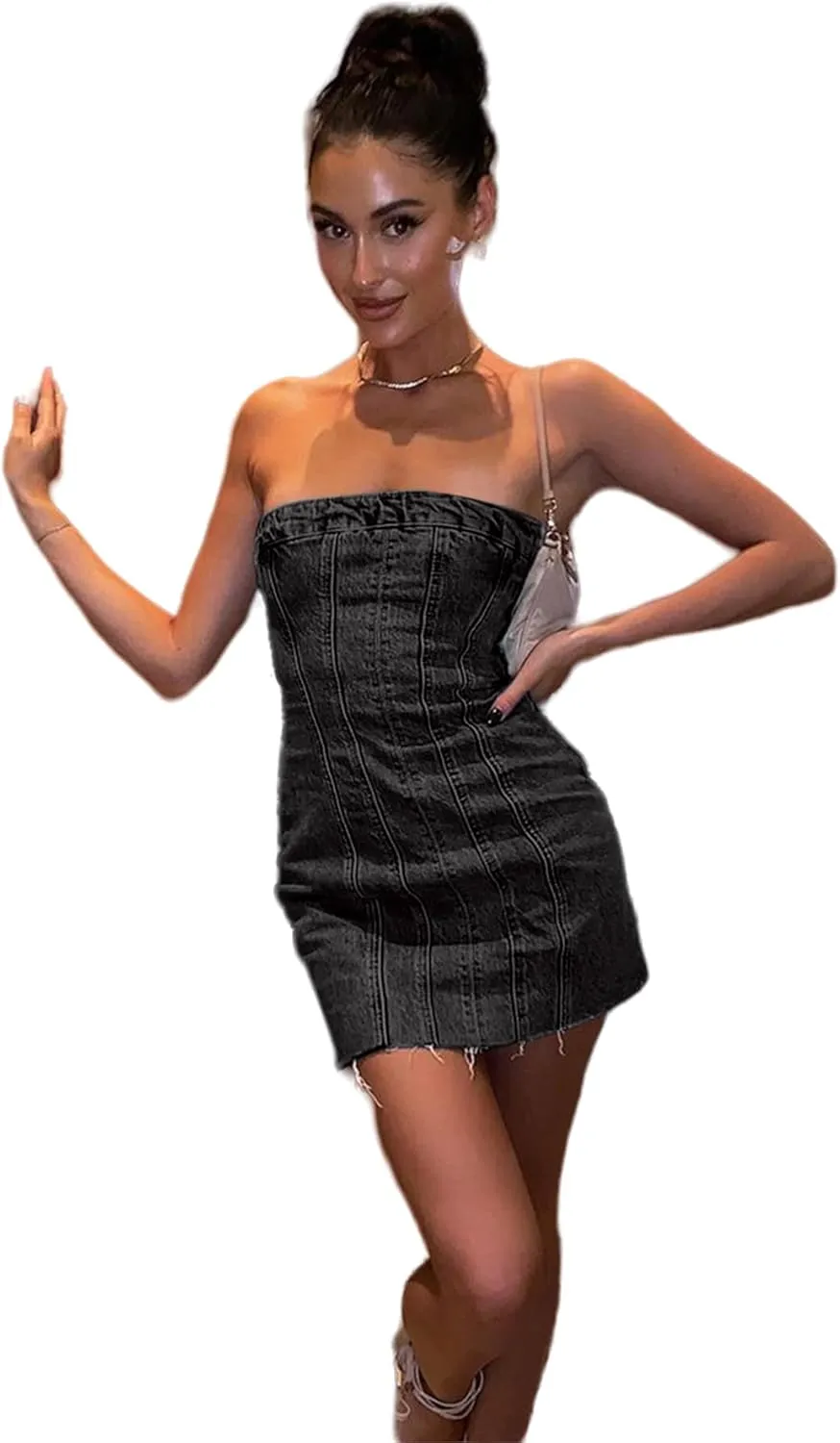 Women Sexy Strapless Tube Mini Dress 3D Print Denim Jeans Off Shoulder Bandeau Bodycon Dresses