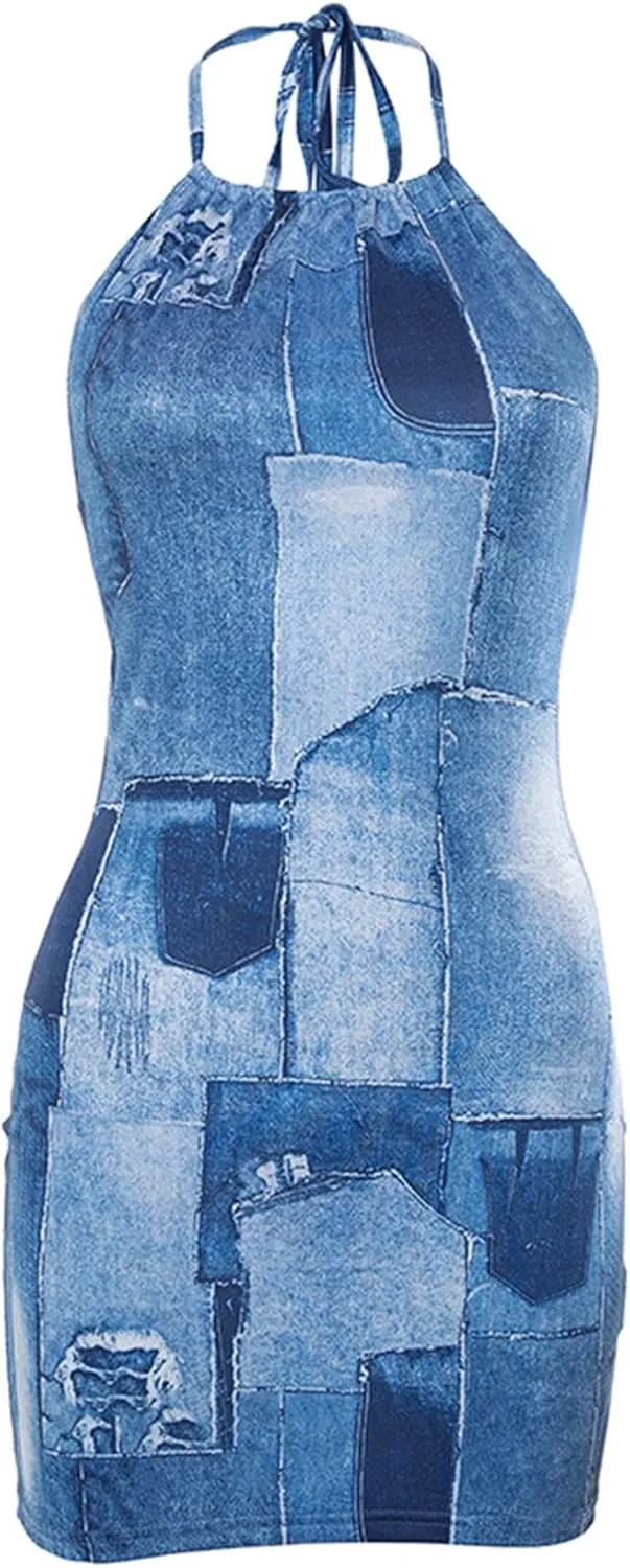 Women Sexy Strapless Tube Mini Dress 3D Print Denim Jeans Off Shoulder Bandeau Bodycon Dresses