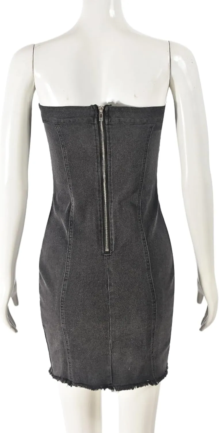 Women Sexy Strapless Tube Mini Dress 3D Print Denim Jeans Off Shoulder Bandeau Bodycon Dresses
