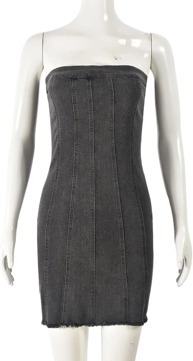 Women Sexy Strapless Tube Mini Dress 3D Print Denim Jeans Off Shoulder Bandeau Bodycon Dresses