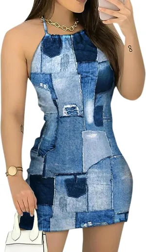 Women Sexy Strapless Tube Mini Dress 3D Print Denim Jeans Off Shoulder Bandeau Bodycon Dresses