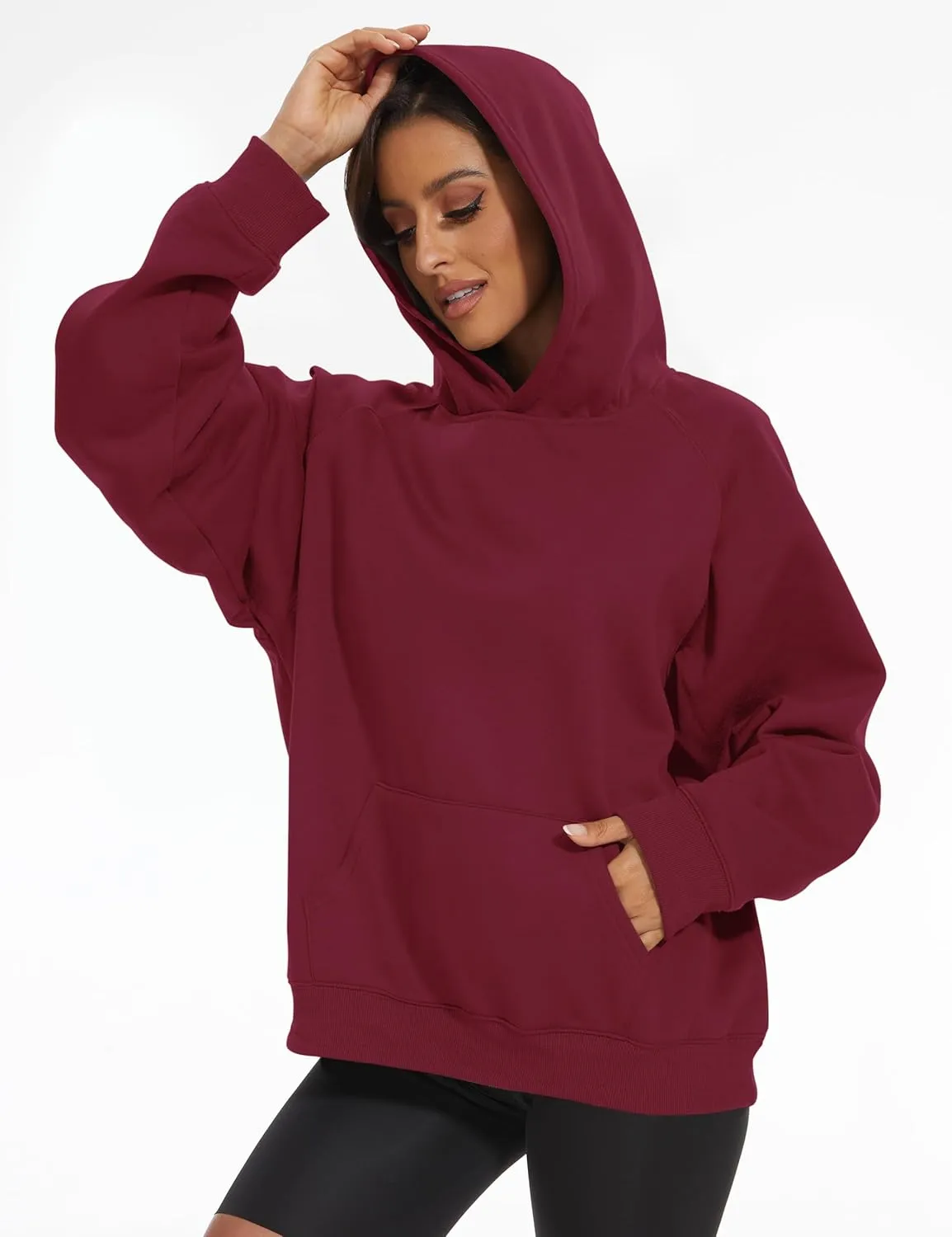 Women Solid Basic Loose Fleece Hoodies Sweatshirt Oversized Long Sleeve Drop Shoulder Kangaroo Pockets Pullovers Top