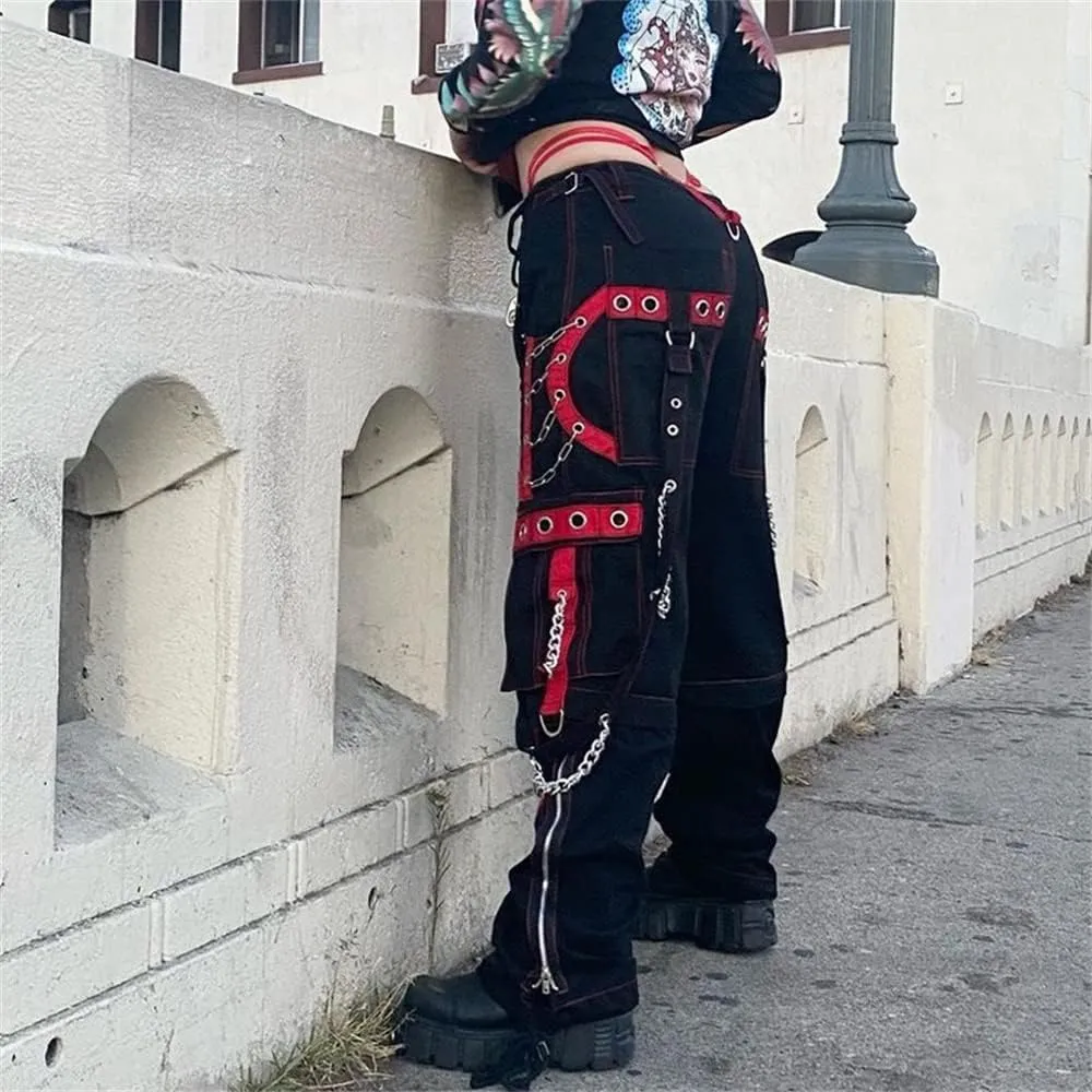 Women Y2k Pants Goth Punk Emo Baggy Bell Bottom Jeans Y2k Wide Leg Harajuku Grunge Pants Hip Hop Clothes