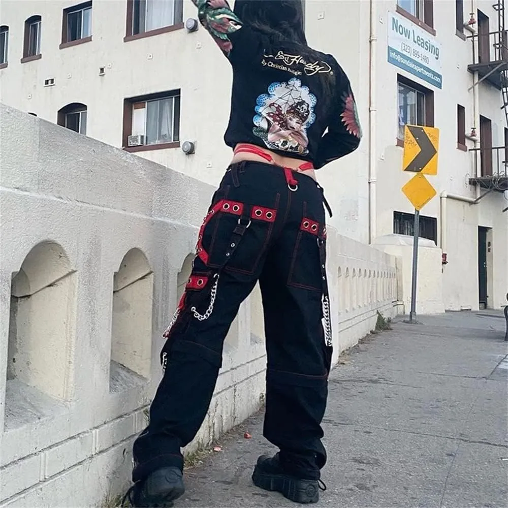 Women Y2k Pants Goth Punk Emo Baggy Bell Bottom Jeans Y2k Wide Leg Harajuku Grunge Pants Hip Hop Clothes