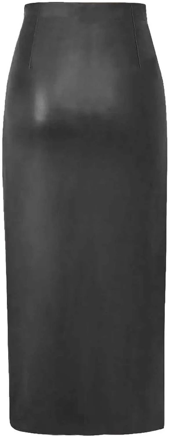 Women's Faux Leather Maxi Skirt Classic Trendy Dressy High Waisted Side Slit PU Leather Skirt Party Clubwear