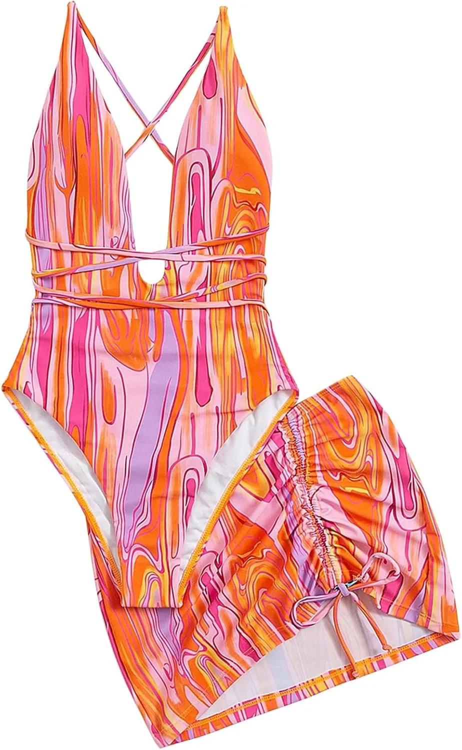 Women's Graphic Strappy Backless V Neck One Piece Swimsuit with Cover Up Beach Skirts Bathing Suit Set