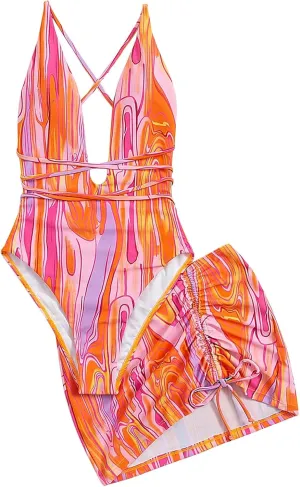 Women's Graphic Strappy Backless V Neck One Piece Swimsuit with Cover Up Beach Skirts Bathing Suit Set