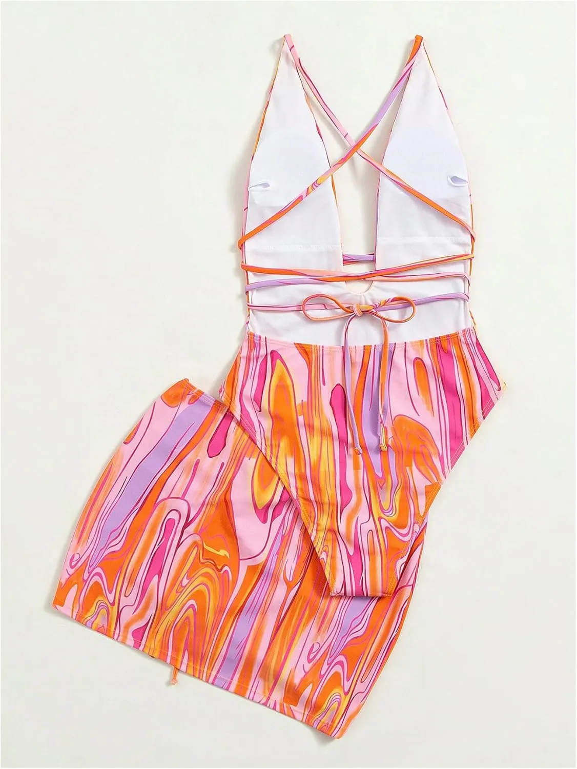 Women's Graphic Strappy Backless V Neck One Piece Swimsuit with Cover Up Beach Skirts Bathing Suit Set