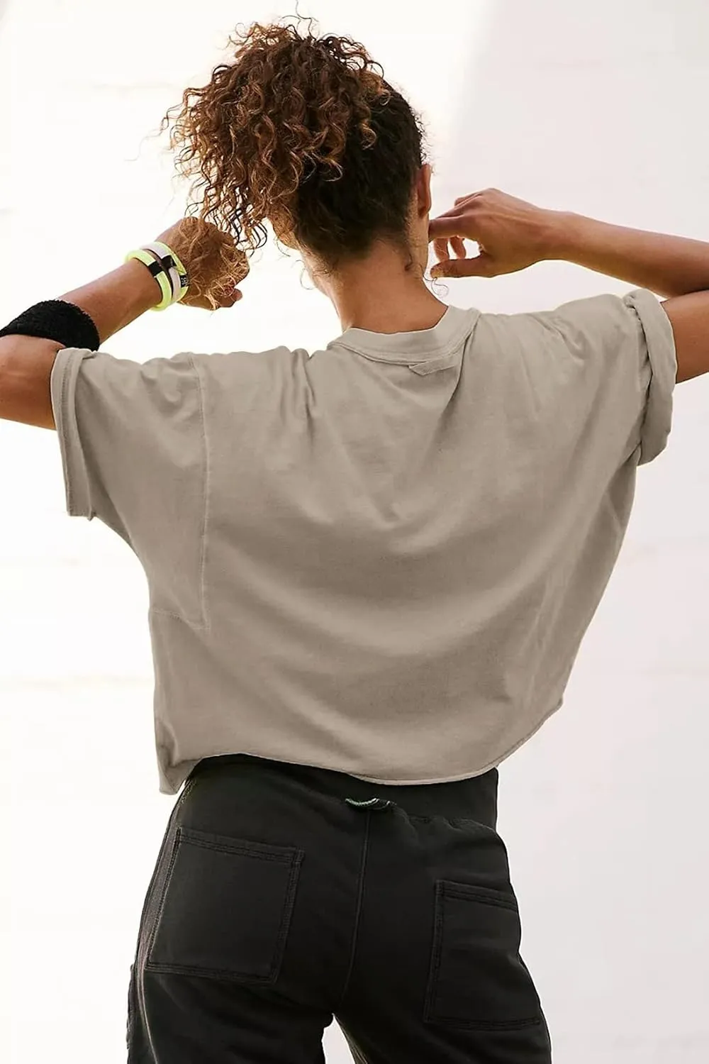 Women's Oversize Workout Crop Tops Casual Short Sleeve Drop Shoulder Boxy T-Shirts Roll Hem Basic Loose Yoga Running Tees