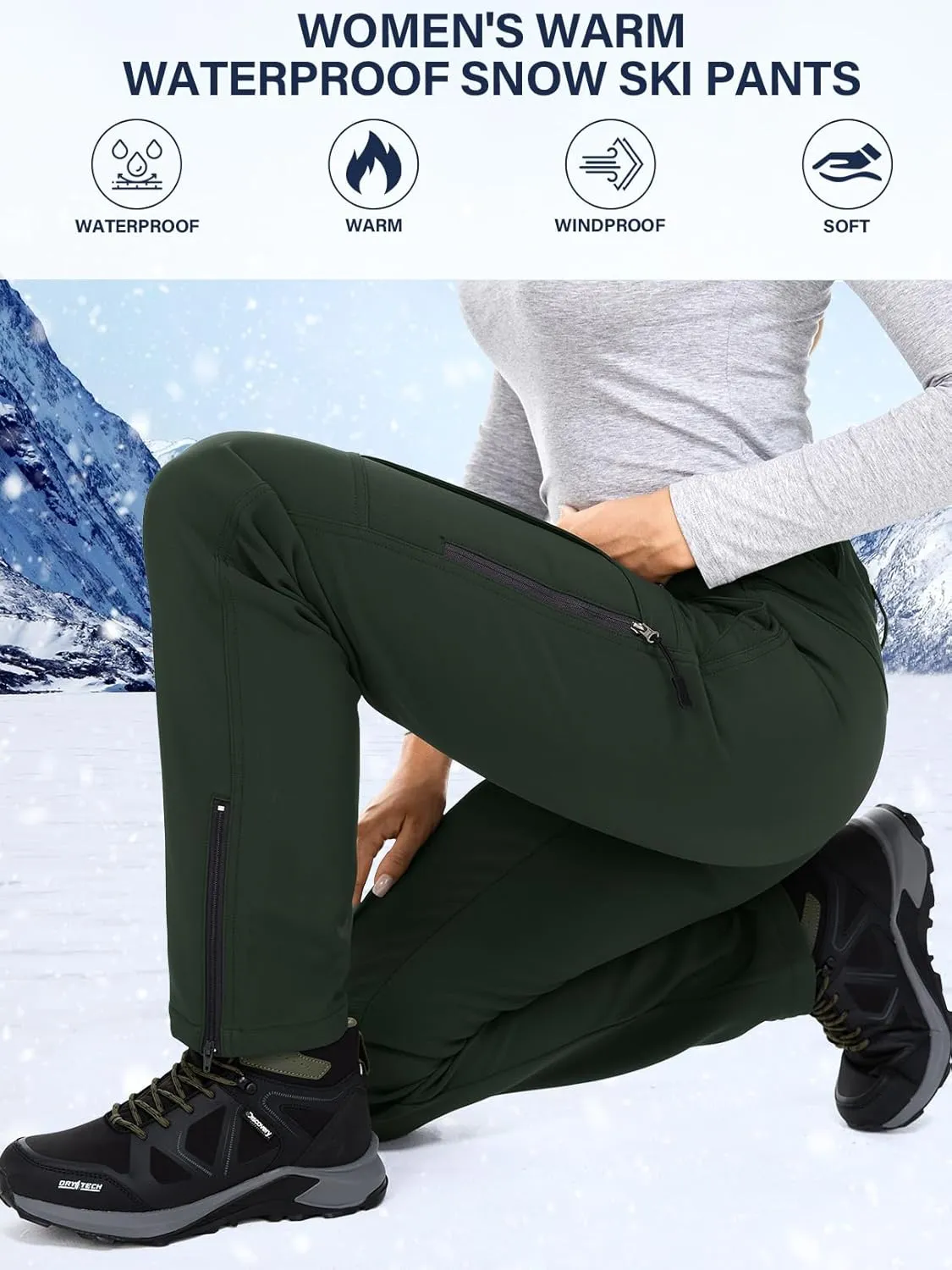 Womens Snow Pants Winter Waterproof Outdoor Soft Shell Fleece Linded Cargo Ski Hiking Pants