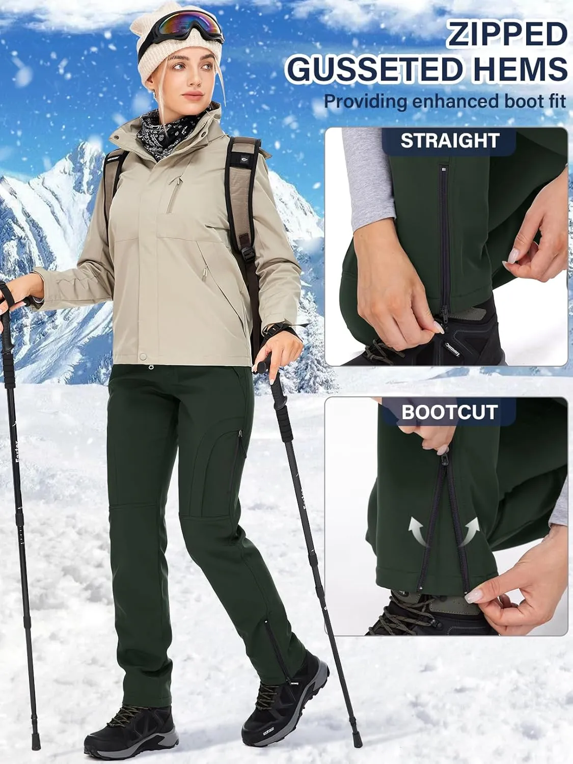 Womens Snow Pants Winter Waterproof Outdoor Soft Shell Fleece Linded Cargo Ski Hiking Pants