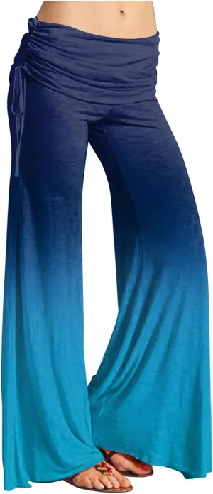 Women's Summer Vintage Print Wide Leg Pants Casual Flared Drawstring Trousers Elastic High Waist Palazzo Pants