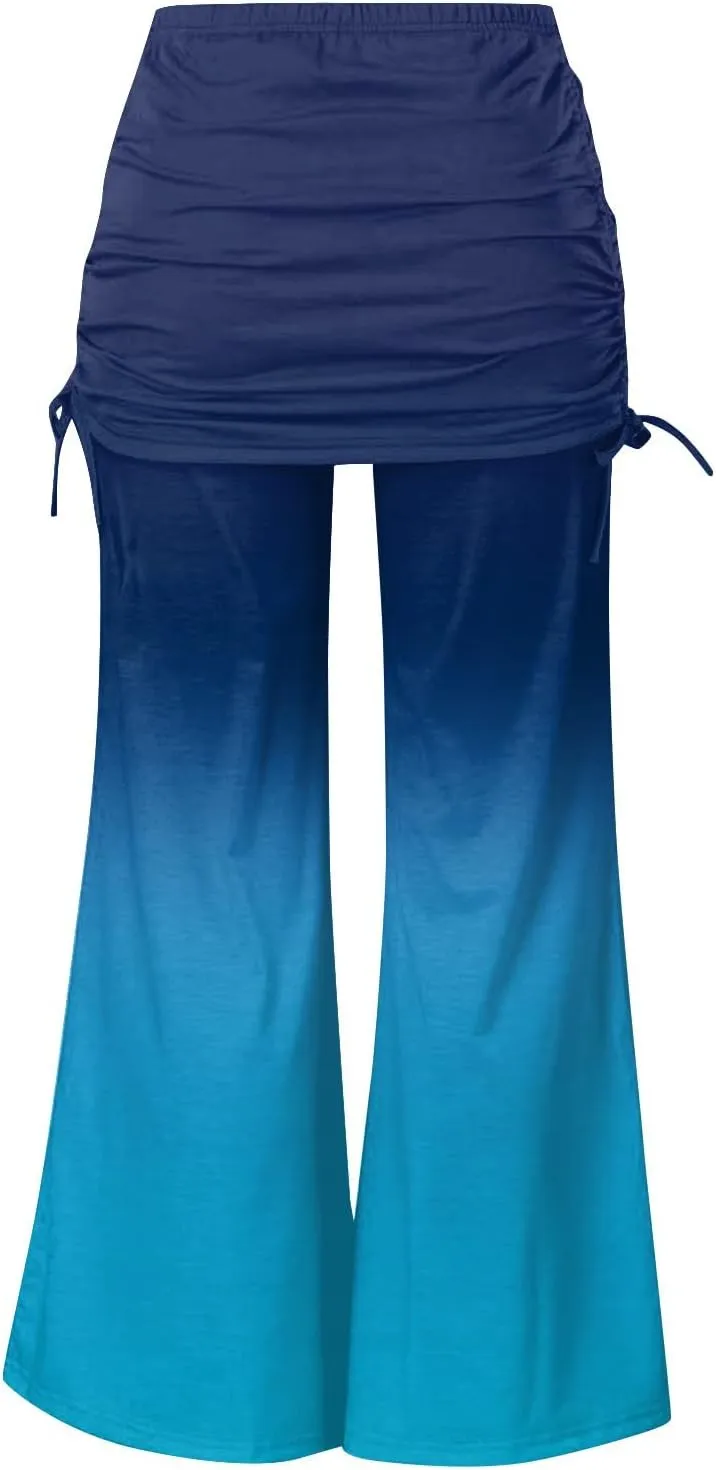 Women's Summer Vintage Print Wide Leg Pants Casual Flared Drawstring Trousers Elastic High Waist Palazzo Pants