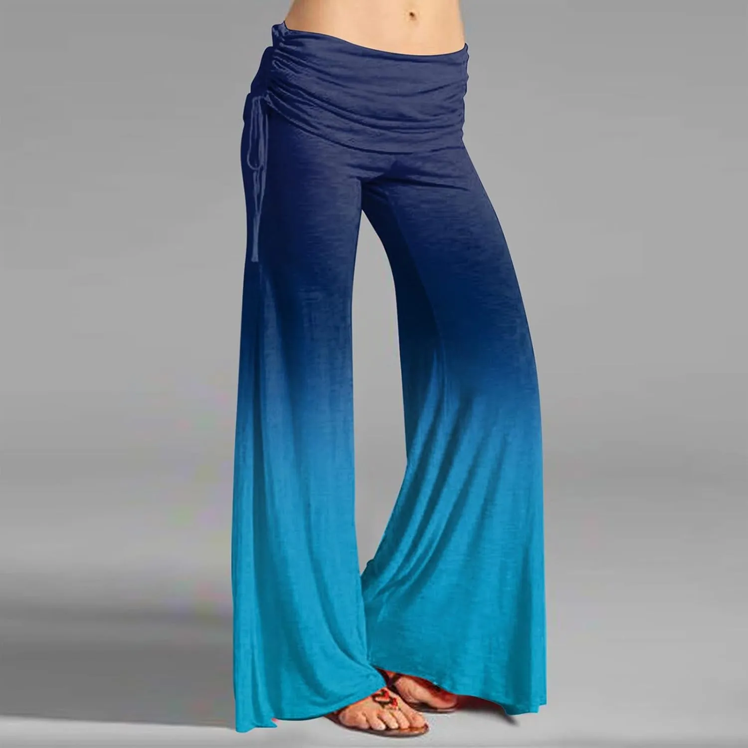Women's Summer Vintage Print Wide Leg Pants Casual Flared Drawstring Trousers Elastic High Waist Palazzo Pants