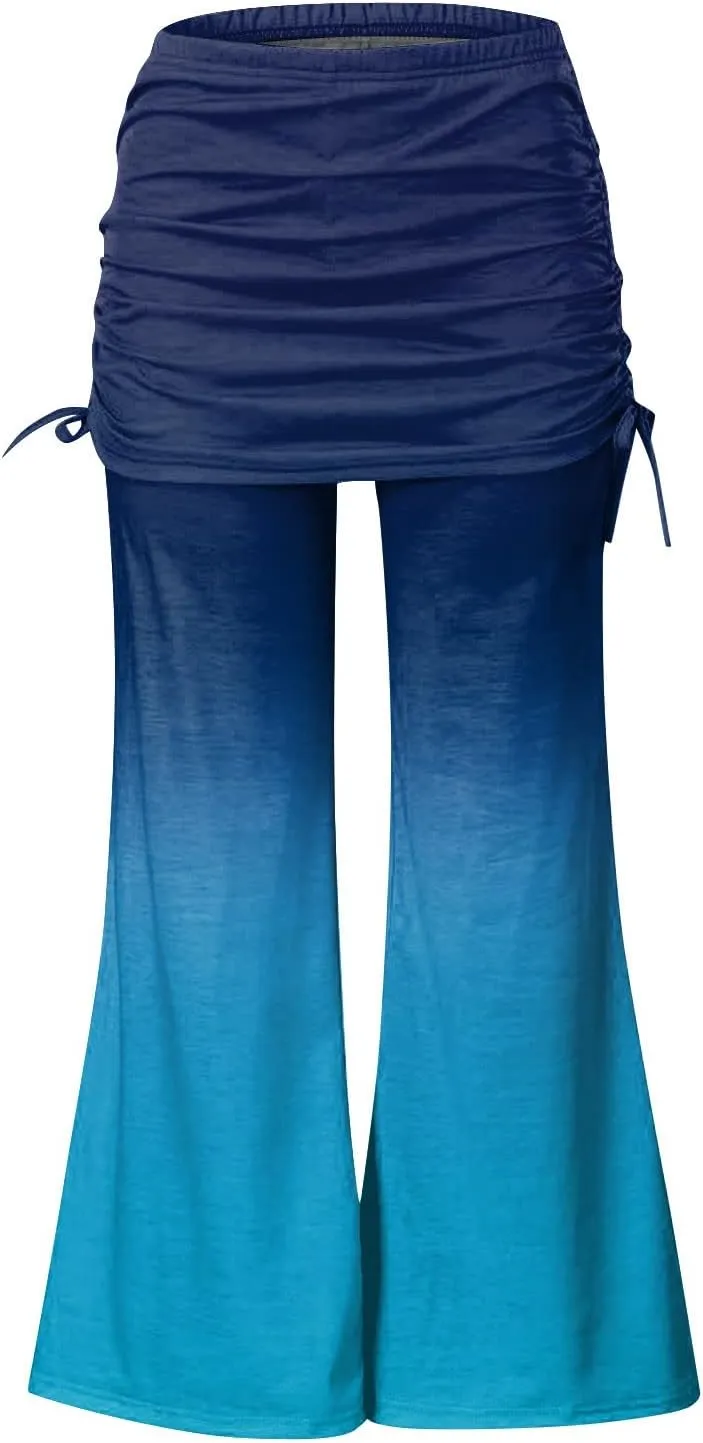 Women's Summer Vintage Print Wide Leg Pants Casual Flared Drawstring Trousers Elastic High Waist Palazzo Pants
