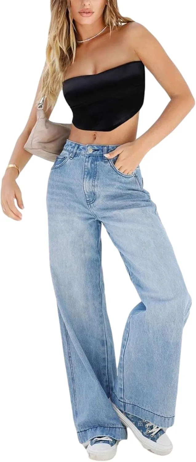 Women's Wide Leg Boyfriend Denim Pants - Low Rise Baggy Casual Loose Jeans - Y2K E-Girl Style
