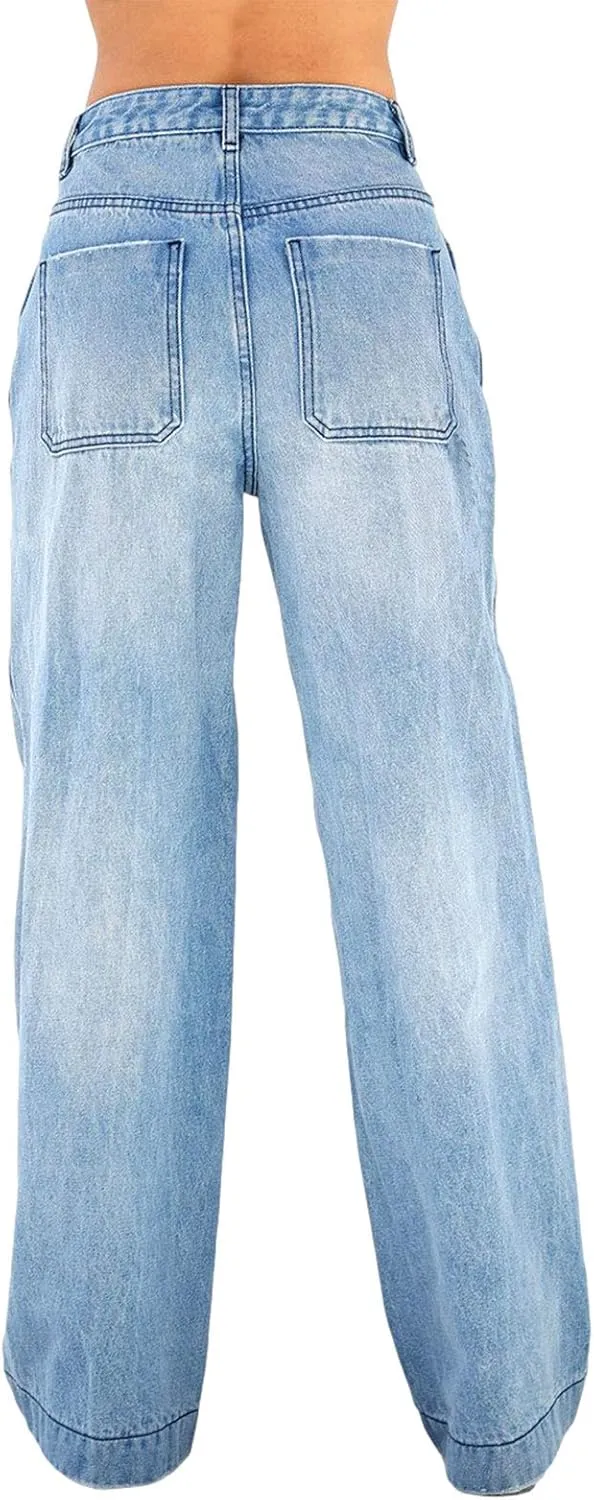 Women's Wide Leg Boyfriend Denim Pants - Low Rise Baggy Casual Loose Jeans - Y2K E-Girl Style