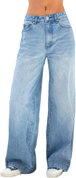 Women's Wide Leg Boyfriend Denim Pants - Low Rise Baggy Casual Loose Jeans - Y2K E-Girl Style
