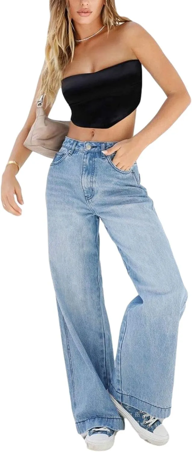 Women's Wide Leg Boyfriend Denim Pants - Low Rise Baggy Casual Loose Jeans - Y2K E-Girl Style