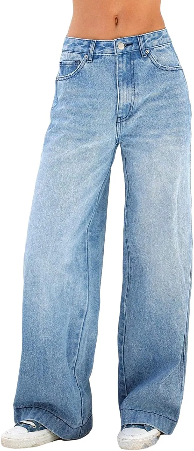 Women's Wide Leg Boyfriend Denim Pants - Low Rise Baggy Casual Loose Jeans - Y2K E-Girl Style