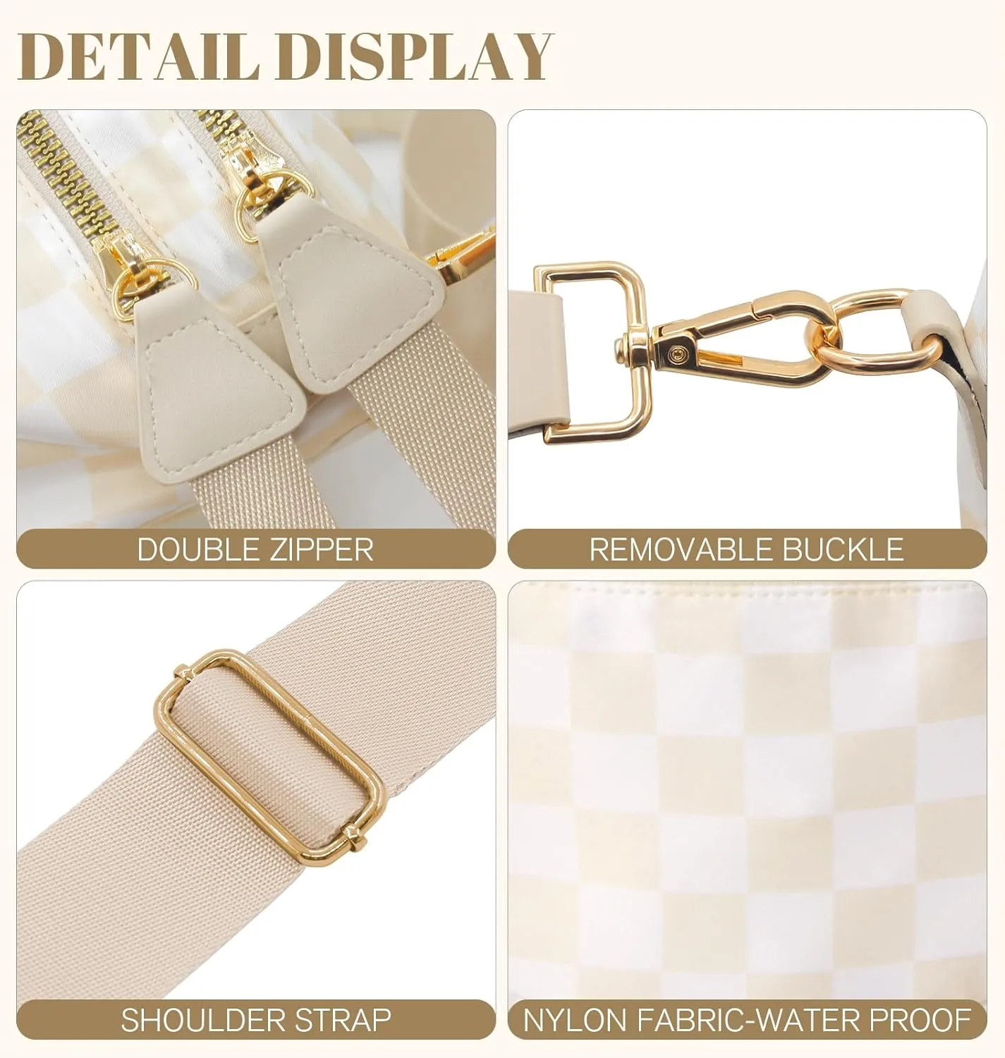 WOOMADA Checkered Crossbody Bag Bum Bag for Women, Spacious Nylon Fanny with Adjustable Strap, Stylish Belt Bag Purse(Beige Checkerboard)