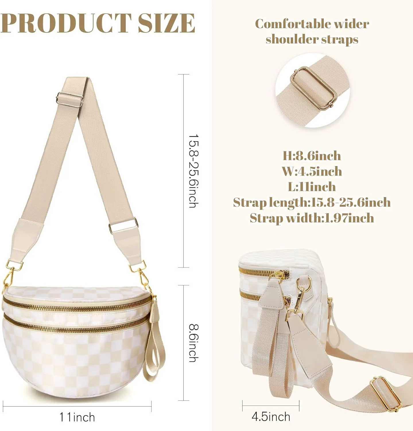 WOOMADA Checkered Crossbody Bag Bum Bag for Women, Spacious Nylon Fanny with Adjustable Strap, Stylish Belt Bag Purse(Beige Checkerboard)