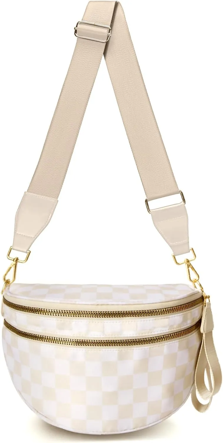 WOOMADA Checkered Crossbody Bag Bum Bag for Women, Spacious Nylon Fanny with Adjustable Strap, Stylish Belt Bag Purse(Beige Checkerboard)