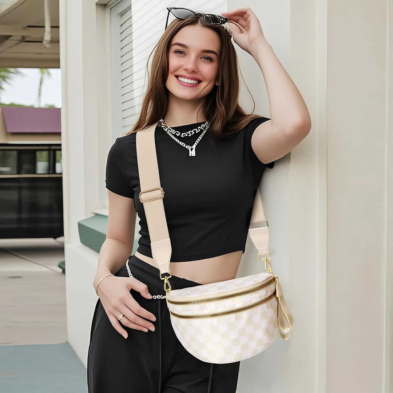 WOOMADA Checkered Crossbody Bag Bum Bag for Women, Spacious Nylon Fanny with Adjustable Strap, Stylish Belt Bag Purse(Beige Checkerboard)