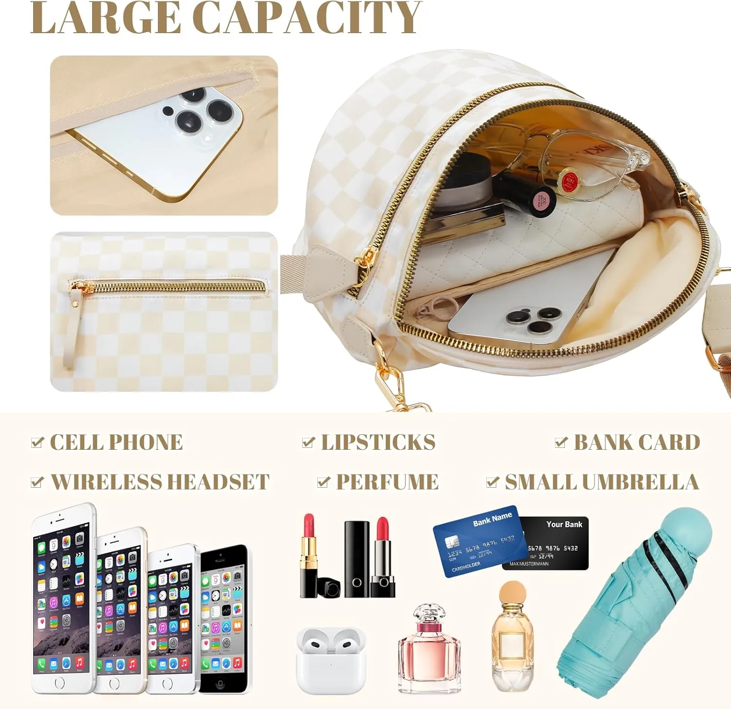 WOOMADA Checkered Crossbody Bag Bum Bag for Women, Spacious Nylon Fanny with Adjustable Strap, Stylish Belt Bag Purse(Beige Checkerboard)